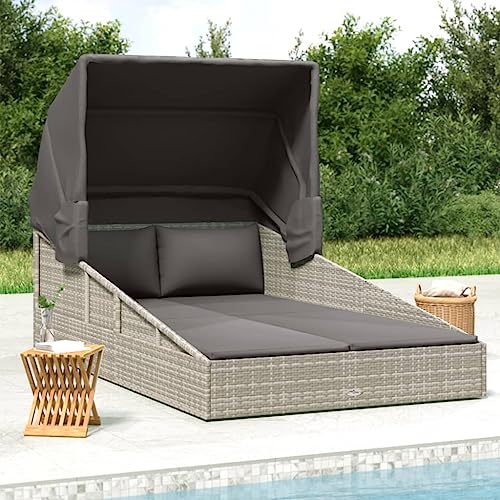 vidaXL Sonnenliege, Gartenliege mit Kissen Faltdach, Liegestuhl Liege für Pool Garten Terrasse, Relaxliege Strandliege Gartenmöbel, Grau Poly Rattan – Bild 2