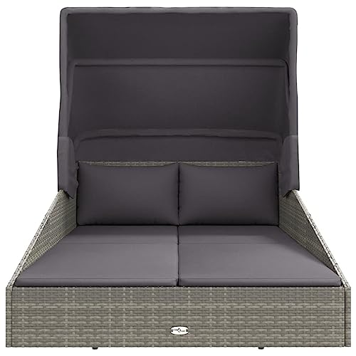 vidaXL Sonnenliege, Gartenliege mit Kissen Faltdach, Liegestuhl Liege für Pool Garten Terrasse, Relaxliege Strandliege Gartenmöbel, Grau Poly Rattan – Bild 5