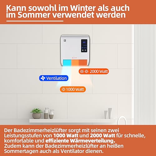 SHX Bad-Heizlüfter 2000W SHX71BHL2000W – Badezimmer-Heizlüfter, 2000 Watt, Schutzklasse: IPX2, Display, Timerprogrammierung, Fernbedienung, weiß/schwarz – Bild 4