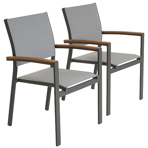 Nexos Trading Gartenstuhl Stapelsessel Stapelstuhl Balkonstuhl - Teslin-Gewebe Alu-Gestell stapelbar - Farbe: Rahmen grau/Bespannung hellgrau (2)