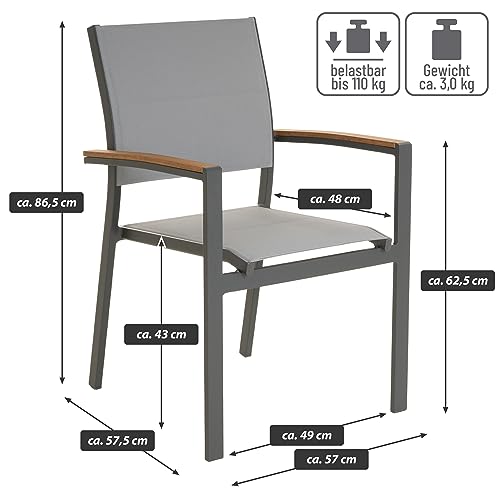 Nexos Trading Gartenstuhl Stapelsessel Stapelstuhl Balkonstuhl - Teslin-Gewebe Alu-Gestell stapelbar - Farbe: Rahmen grau/Bespannung hellgrau (2) – Bild 2