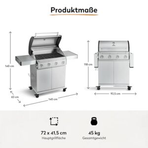 Alternative view of BURNHARD® Gasgrill 4-Brenner Gusseisen-Grillrost, Edelstahl Grillwagen, klappbare Seitentische, Grillabdeckung – Big FRED Basic