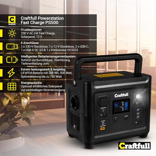 Craftfull Powerstation Fast Charge PS500 | đŻ đđđđđ đđđđđđđđ - 750 Watt - Lithium LiFePO4 Akku - 80% nach > 2000 Ladezyklen - SOS - USB-C/USB-A/KFZ/Schuko-Stecker (0% MwSt. 500 Watt) â Bild 2