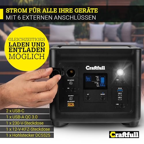 Craftfull Powerstation Fast Charge PS500 | đŻ đđđđđ đđđđđđđđ - 750 Watt - Lithium LiFePO4 Akku - 80% nach > 2000 Ladezyklen - SOS - USB-C/USB-A/KFZ/Schuko-Stecker (0% MwSt. 500 Watt) â Bild 6