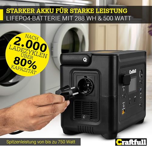 Craftfull Powerstation Fast Charge PS500 | đŻ đđđđđ đđđđđđđđ - 750 Watt - Lithium LiFePO4 Akku - 80% nach > 2000 Ladezyklen - SOS - USB-C/USB-A/KFZ/Schuko-Stecker (0% MwSt. 500 Watt) â Bild 7