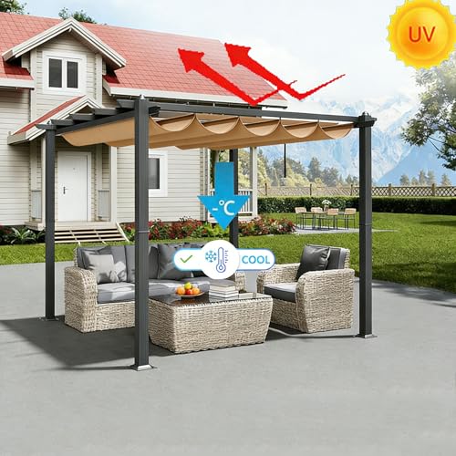 Sonnensegel Einziehbares mit Ösen 2x4M Verstellbar Welle Schattenabdeckung Segeltuch Markise Wasserdicht Sonnenschutz UV-Schutz für Outdoor Pergola Garten Balkon Terrasse Khaki – Bild 2
