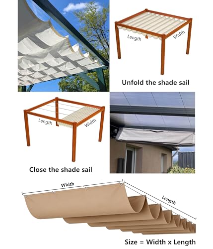 Sonnensegel Einziehbares mit Ösen 2x4M Verstellbar Welle Schattenabdeckung Segeltuch Markise Wasserdicht Sonnenschutz UV-Schutz für Outdoor Pergola Garten Balkon Terrasse Khaki – Bild 5