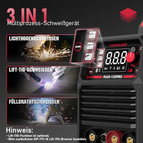 YESWELDER 135Amp MIG Fülldraht Schweißgerät ohne Gas, 230V Flux MIG/Lift TIG/Stick 3-in-1 Fülldrahtschweißgerät LED Digitalanzeige Schweißgerät mit 2 Spulen Fülldraht – Bild 3
