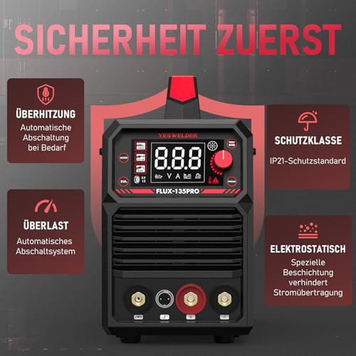 YESWELDER 135Amp MIG Fülldraht Schweißgerät ohne Gas, 230V Flux MIG/Lift TIG/Stick 3-in-1 Fülldrahtschweißgerät LED Digitalanzeige Schweißgerät mit 2 Spulen Fülldraht – Bild 7