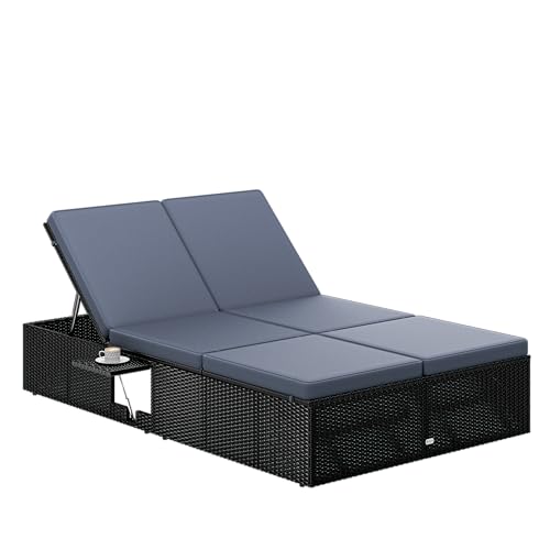 Casaria® Sonnenliege 2 Personen mit Klapptisch Gartenliege 7cm Auflagen Wetterfest 400kg Belastbar Liegestuhl Verstellbar Schwarz Anthrazit 200x115cm