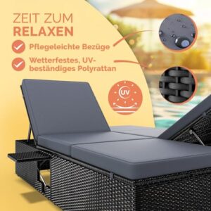 Alternative view of Casaria® Sonnenliege 2 Personen mit Klapptisch Gartenliege 7cm Auflagen Wetterfest 400kg Belastbar Liegestuhl Verstellbar Schwarz Anthrazit 200x115cm