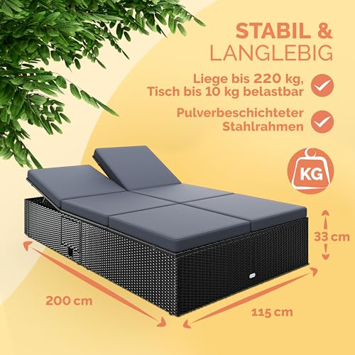 Casaria® Sonnenliege 2 Personen mit Klapptisch Gartenliege 7cm Auflagen Wetterfest 400kg Belastbar Liegestuhl Verstellbar Schwarz Anthrazit 200x115cm – Bild 3