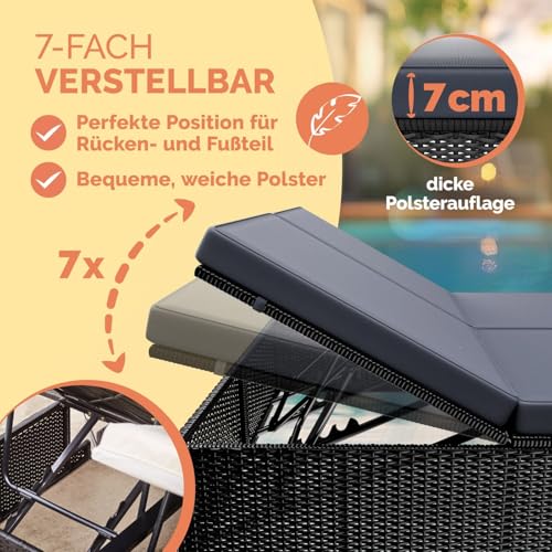 Casaria® Sonnenliege 2 Personen mit Klapptisch Gartenliege 7cm Auflagen Wetterfest 400kg Belastbar Liegestuhl Verstellbar Schwarz Anthrazit 200x115cm – Bild 5