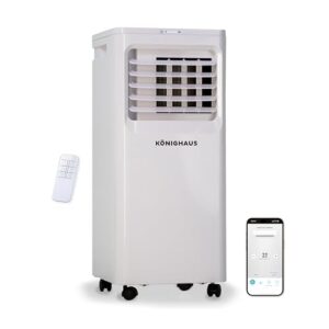Könighaus Smarte Mobile Klimaanlage | Schnell & Leise & Effizient (A) | 4-in-1: Kühlung Entfeuchter Ventilator Luftreiniger | mit Fernbedienung | 9000 BTU (2,6 kW) | 24 h Timer, Sleep-Mode