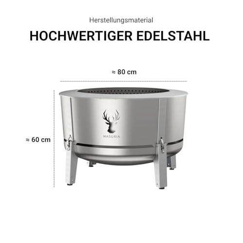Masuria Rauchfreie Feuerschale 80cm⌀ Alpha 800 - Patentierte Rauchreduzierung bis zu 95% - Hergestellt in EU - Premium Feuertonne aus Edelstahl - Verstellbare Beine - große Ascheschublade - Silber – Bild 4