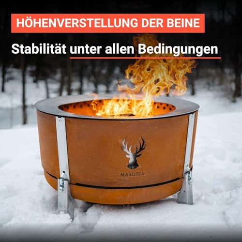 Masuria Rauchfreie Feuerschale 80cm⌀ Alpha 800 - Patentierte Rauchreduzierung bis zu 95% - Hergestellt in EU - Premium Feuertonne aus Edelstahl - Verstellbare Beine - große Ascheschublade - Silber – Bild 6