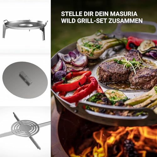 Masuria Rauchfreie Feuerschale 80cm⌀ Alpha 800 - Patentierte Rauchreduzierung bis zu 95% - Hergestellt in EU - Premium Feuertonne aus Edelstahl - Verstellbare Beine - große Ascheschublade - Silber – Bild 7