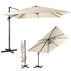 COSTWAY Sonnenschirm 300 x 300 cm quadratisch, Ampelschirm mit Kurbel, Gartenschirm neigbar, 360° drehbar, großer Terrassenschirm, Marktschirm für Gärten, Terrassen, Cafés (Beige)