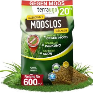 TerraUno Rasendünger Frühjahr Mooslos Glücklich, Moosfrei in 3 Tagen, 20 kg für 600 m², Eisendünger gegen Moos, extrafeines Granulat, Frühjahrsdünger Rasen, Dünger für den Streuwagen