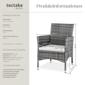 Alternative view of tectake® 2er Set Gartenstuhl aus Polyrattan, Gartenmöbel Set mit 2 Sessel, Outdoor Rattansessel inklusive Sitzpolster und 2 Bezugssets, rostfreie Edelstahlschrauben, pflegeleicht - grau/hellgrau