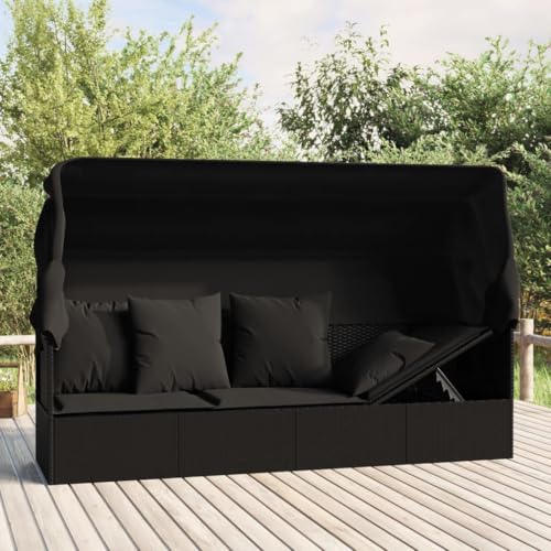 vidaXL Outdoor Loungebett, Verstellbar Gartensofa mit Kissen Dach, Sonnenliege mit Stahlrahmen, Relaxliege Lounge Sofa, Schwarz Poly Rattan – Bild 2