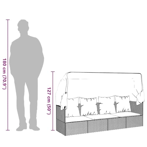 vidaXL Outdoor Loungebett, Verstellbar Gartensofa mit Kissen Dach, Sonnenliege mit Stahlrahmen, Relaxliege Lounge Sofa, Schwarz Poly Rattan – Bild 3