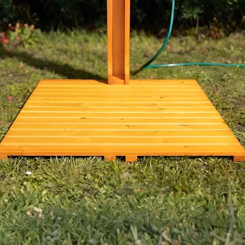 BURI Gartendusche Holz 221 cm Außendusche Garten mit Bodenplatte 75x75 cm Holzdusche Outdoor Kiefernholz geölt verzinktes Eisen Duschkopf 205 cm Gartenschlauch Pooldusche wetterfest Terrasse Camping – Bild 6