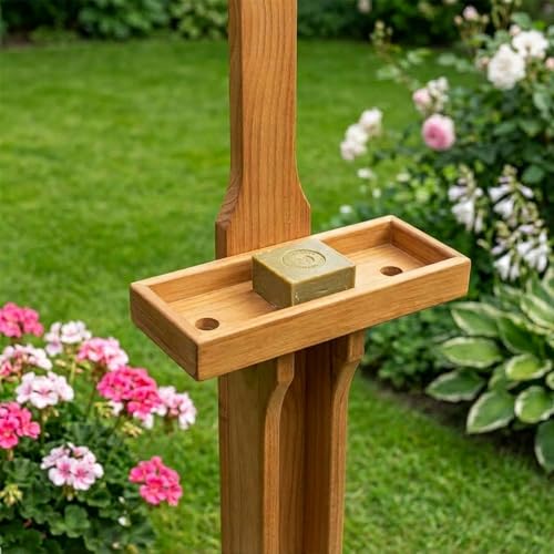 BURI Gartendusche Holz 221 cm Außendusche Garten mit Bodenplatte 75x75 cm Holzdusche Outdoor Kiefernholz geölt verzinktes Eisen Duschkopf 205 cm Gartenschlauch Pooldusche wetterfest Terrasse Camping – Bild 7