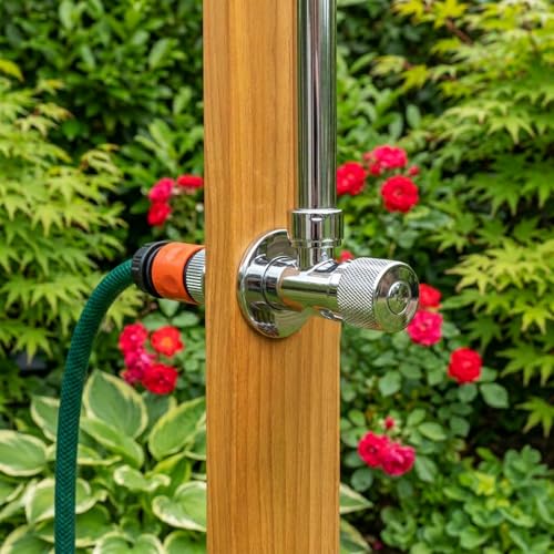 BURI Gartendusche Holz 221 cm Außendusche Garten mit Bodenplatte 75x75 cm Holzdusche Outdoor Kiefernholz geölt verzinktes Eisen Duschkopf 205 cm Gartenschlauch Pooldusche wetterfest Terrasse Camping – Bild 8
