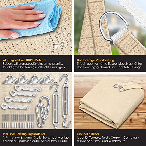 KESSER® Sonnensegel Sonnenschutz Windschutz | HDPE Gewebe | wasserabweisend & windabweisend | Quadrat 4x4m | 5-Fach quer vernäht robust & stabil Schattenspender Garten Balkon Terrasse Creme – Bild 3