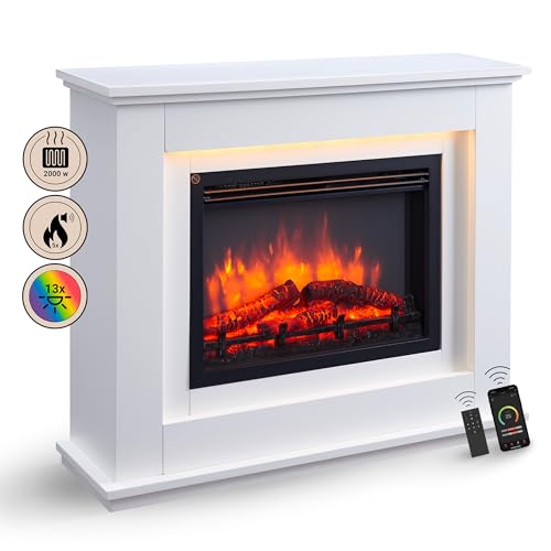 BALDERIA Baldur - Elektrokamin mit Heizung, weißer Standkamin mit App