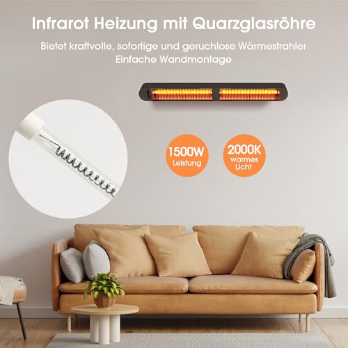 Byecold Infrarotheizung 1500W, Infrarot Heizstrahler mit Fernbedienung & WiFi APP, Wall-Mounted Hanging, Elektroheizung Wand & Deckenmontage, Innen & Außen, Terrasse, Balcony, Garten, Schwarz – Bild 3