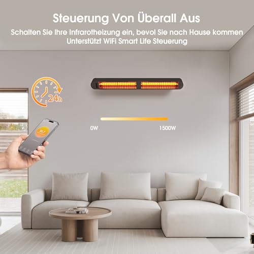Byecold Infrarotheizung 1500W, Infrarot Heizstrahler mit Fernbedienung & WiFi APP, Wall-Mounted Hanging, Elektroheizung Wand & Deckenmontage, Innen & Außen, Terrasse, Balcony, Garten, Schwarz – Bild 5