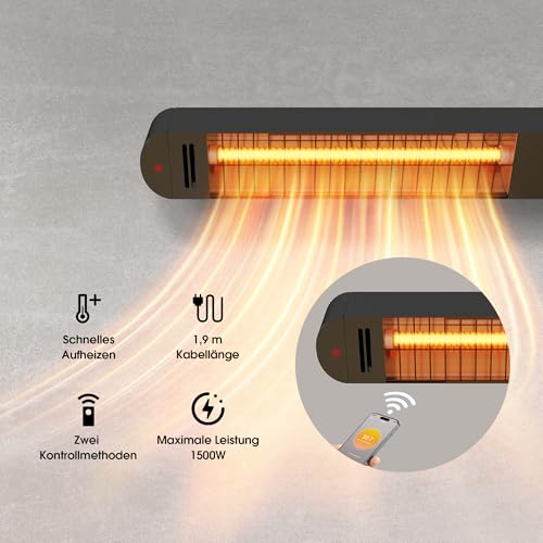 Byecold Infrarotheizung 1500W, Infrarot Heizstrahler mit Fernbedienung & WiFi APP, Wall-Mounted Hanging, Elektroheizung Wand & Deckenmontage, Innen & Außen, Terrasse, Balcony, Garten, Schwarz – Bild 6