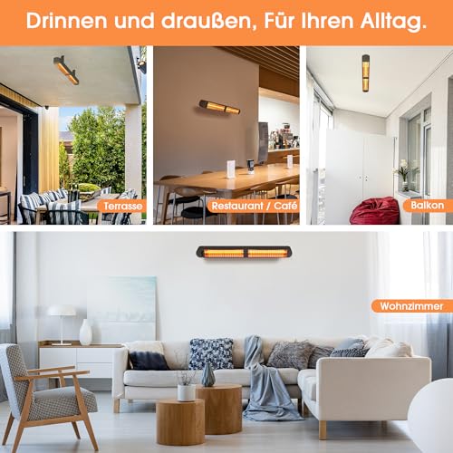 Byecold Infrarotheizung 1500W, Infrarot Heizstrahler mit Fernbedienung & WiFi APP, Wall-Mounted Hanging, Elektroheizung Wand & Deckenmontage, Innen & Außen, Terrasse, Balcony, Garten, Schwarz – Bild 8