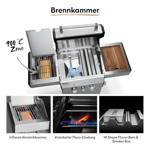 BURNHARD® Gasgrill 2-Brenner 900°C Infrarot-Keramikbrenner, Gusseisen-Grillrost, Edelstahl Grillwagen, klappbare Seitentische, Grillabdeckung – FRED Jr. Deluxe – Bild 4