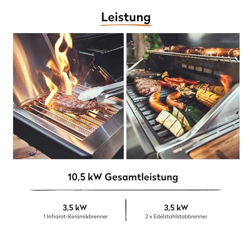 BURNHARD® Gasgrill 2-Brenner 900°C Infrarot-Keramikbrenner, Gusseisen-Grillrost, Edelstahl Grillwagen, klappbare Seitentische, Grillabdeckung – FRED Jr. Deluxe – Bild 5