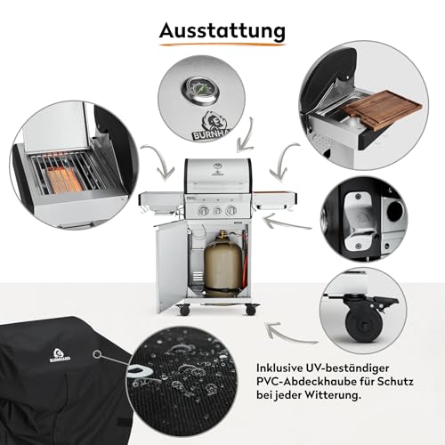BURNHARD® Gasgrill 2-Brenner 900°C Infrarot-Keramikbrenner, Gusseisen-Grillrost, Edelstahl Grillwagen, klappbare Seitentische, Grillabdeckung – FRED Jr. Deluxe – Bild 6