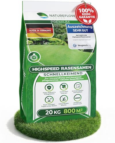 Rasensamen schnellkeimend Frühjahr 20kg 800qm - TEST SEHR GUT - Schnell wachsender Rasen Made in Germany - Premium Grassamen schnellkeimend - Rasensaat für sattgrünen Traumrasen - Rasensamen 20kg