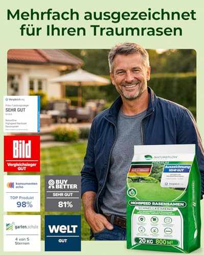 Rasensamen schnellkeimend Frühjahr 20kg 800qm - TEST SEHR GUT - Schnell wachsender Rasen Made in Germany - Premium Grassamen schnellkeimend - Rasensaat für sattgrünen Traumrasen - Rasensamen 20kg – Bild 2