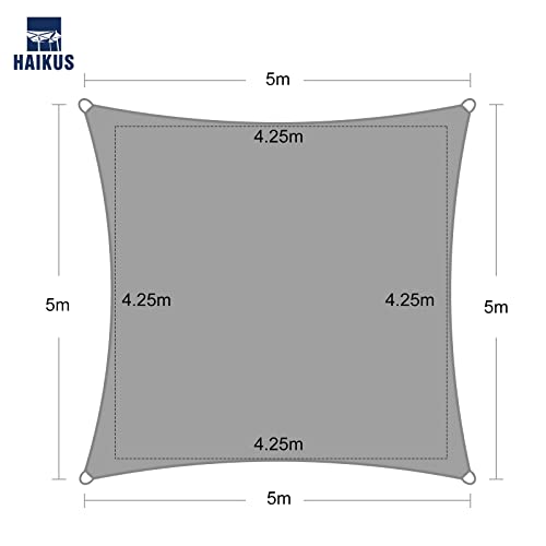HAIKUS Sonnensegel 5x5 m Quadratisch, Premium HDPE UV Schutz Sonnenschutz Atmungsaktiv Wetterbeständig für Garten Balkon und Terrasse, inkl Befestigungsseile, Quadrat 5x5m Grau dunkle Graphit – Bild 4
