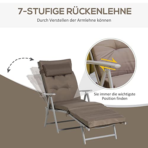 Outsunny Sonnenliege klappbar Strandliege mit Kopfkissen Sitzkissen Liegestuhl mit 7-Fach verstellbare Rückenlehne Gartenliege Relaxliege bis 165 kg belastbar, für Garten Urlaub Outdoor, Braun – Bild 4