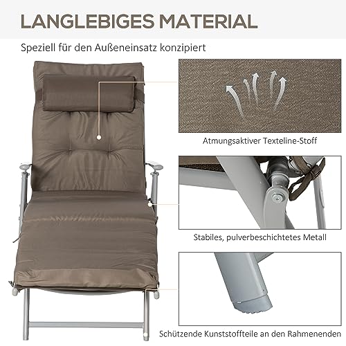 Outsunny Sonnenliege klappbar Strandliege mit Kopfkissen Sitzkissen Liegestuhl mit 7-Fach verstellbare Rückenlehne Gartenliege Relaxliege bis 165 kg belastbar, für Garten Urlaub Outdoor, Braun – Bild 7