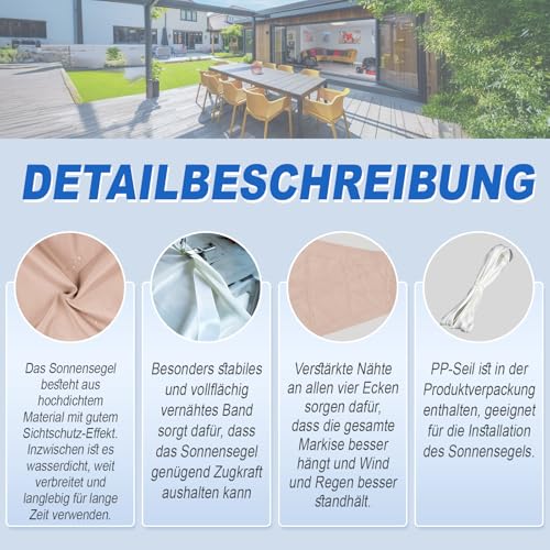 Sunnylaxx 4x4m Sonnensegel Quadrat, Wasserdicht Sonnenschutz Sunsegel Color Taupe, 95% UV-Schutz,für Außenbereich,Garten – Bild 4