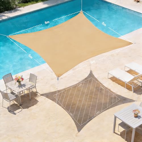 HAIKUS Sonnensegel Wasserdicht Rechteckig 5x5m Sonnenschutz Wasserabweisend 5x5 m Premium PES Polyester mit UV Schutz für Balkon Garten Terrasse Quadratisch Sand – Bild 3