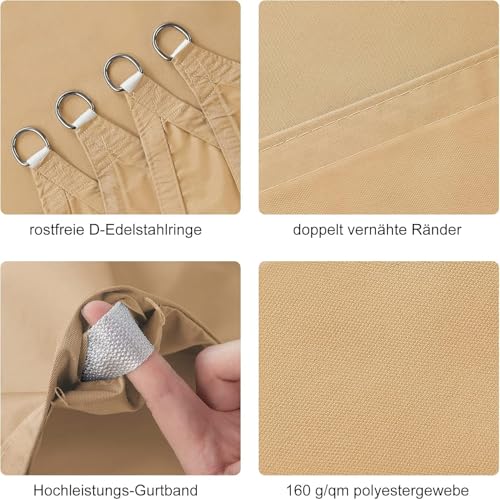 HAIKUS Sonnensegel Wasserdicht Rechteckig 5x5m Sonnenschutz Wasserabweisend 5x5 m Premium PES Polyester mit UV Schutz für Balkon Garten Terrasse Quadratisch Sand – Bild 6