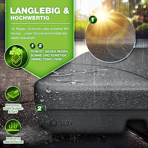 tillvex Sonnenschirmständer 60 Liter / 80 kg – 4-teilig für Ampelschirm inkl. Metallverbinder | Schirmgewicht befüllbar mit Wasser oder Sand | Schirmständer Ampelschirmständer wetterfest – Bild 4