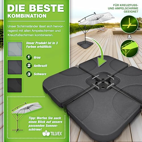 tillvex Sonnenschirmständer 60 Liter / 80 kg – 4-teilig für Ampelschirm inkl. Metallverbinder | Schirmgewicht befüllbar mit Wasser oder Sand | Schirmständer Ampelschirmständer wetterfest – Bild 6
