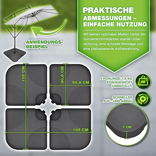 tillvex Sonnenschirmständer 60 Liter / 80 kg – 4-teilig für Ampelschirm inkl. Metallverbinder | Schirmgewicht befüllbar mit Wasser oder Sand | Schirmständer Ampelschirmständer wetterfest – Bild 7
