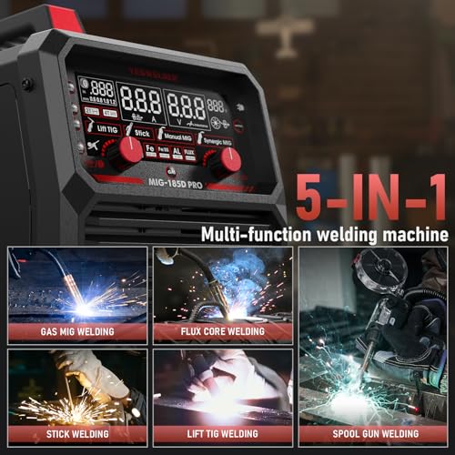YESWELDER 185A MIG MAG Schutzgas Schweißgerät, Fülldraht MIG/Gas MIG/Spulenpistole MIG/Lift TIG/Stick 6 in 1 Multiprozess Aluminium MIG Schweißgerät 230V, LED Digitale Anzeige Synergische Kontrolle – Bild 3